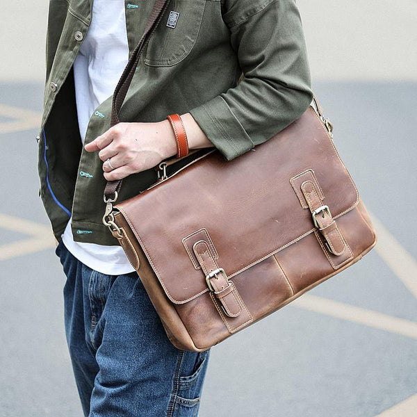 Vintage Black Mens Leather Briefcase Work Handbags Brown 14'' Computer Briefcases For Men - iwalletsmen