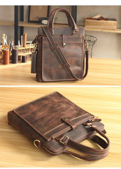 Vintage Black Mens Leather Vertical Briefcases Work Handbag Brown 10'' Computer Briefcases For Men - iwalletsmen