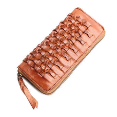 Vintage Braided Leather Mens Long Wallet Zipper Clutch Wallet For Men - iwalletsmen
