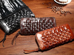 Vintage Braided Leather Mens Long Wallet Zipper Clutch Wallet For Men - iwalletsmen