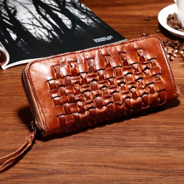 Vintage Braided Leather Mens Long Wallet Zipper Clutch Wallet For Men - iwalletsmen