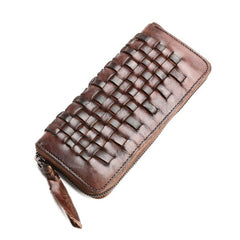 Vintage Braided Leather Mens Long Wallet Zipper Clutch Wallet For Men - iwalletsmen