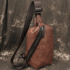 Vintage Brown LEATHER MENS One Shoulder Backpack Fashion Chest Bag Retro Brown Sling Bag For Men - iwalletsmen