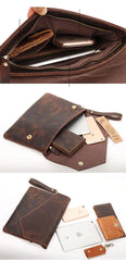Vintage Business Leather Mens Black Envelope Bag Document Purse Dark Brown Clutch For Men - iwalletsmen