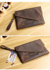 Vintage Business Leather Mens Black Envelope Bag Document Purse Dark Brown Clutch For Men - iwalletsmen