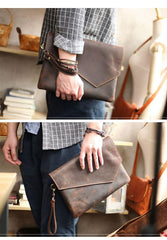 Vintage Business Leather Mens Black Envelope Bag Document Purse Dark Brown Clutch For Men - iwalletsmen