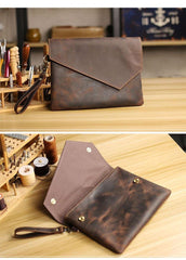 Vintage Business Leather Mens Black Envelope Bag Document Purse Dark Brown Clutch For Men - iwalletsmen