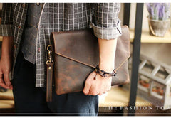 Vintage Business Leather Mens Black Envelope Bag Document Purse Dark Brown Clutch For Men - iwalletsmen
