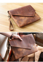 Vintage Business Leather Mens Black Envelope Bag Document Purse Dark Brown Clutch For Men - iwalletsmen