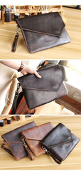 Vintage Business Leather Mens Black Envelope Bag Document Purse Dark Brown Clutch For Men - iwalletsmen