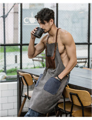 Vintage Canvas Leather Mens Womens Gray Craftsman Apron Cafe Staff Apron Work Apron for Men - iwalletsmen