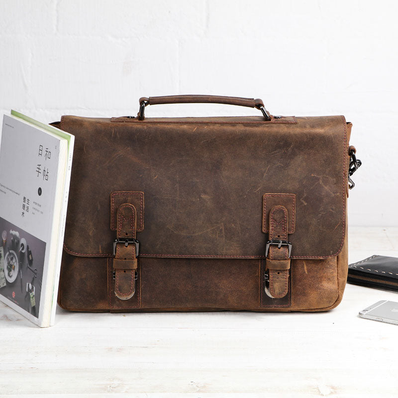 Vintage Coffee Leather Mens Briefcase Work Bag Laptop Bag Business Bag for Men - iwalletsmen