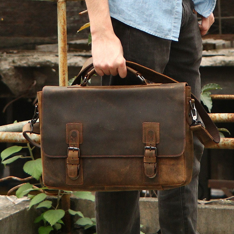Vintage Coffee Leather Mens Briefcase Work Bag Laptop Bag Business