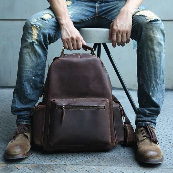 Vintage Coffee Mens Leather Backpack Travel Backpacks Laptop Backpack for men - iwalletsmen