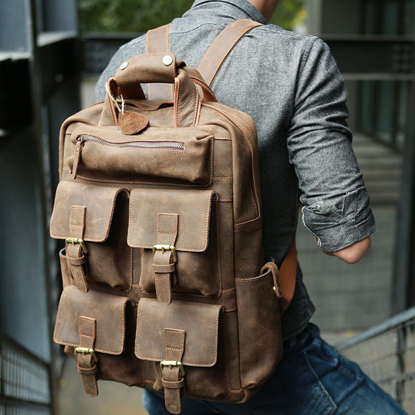 Vintage Coffee Mens Leather Backpacks Travel Backpacks Laptop Backpack for men - iwalletsmen