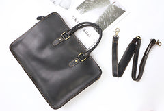 Vintage Dark Brown Leather Mens 14 inches Briefcase Black Work Briefcase Handbags For Men - iwalletsmen