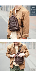 Vintage Dark Brown Leather Mens Chest Bag Red Brown Sling Bag Sling Pack For Men - iwalletsmen