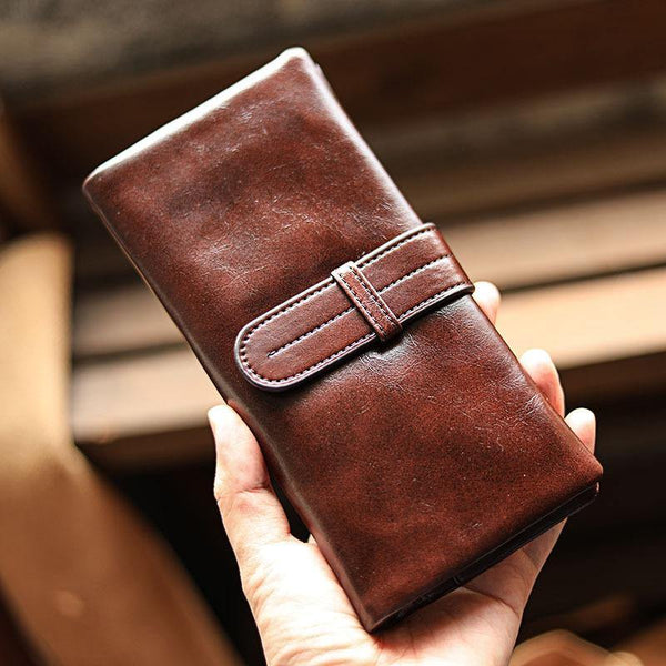 Vintage Red Brown Leather Mens Long Wallet Bifold Zipper Long Wallet For Men - iwalletsmen