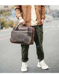 Vintage Dark Brown Mens Leather Briefcase Work Handbag Brown 15'' Computer Briefcase For Men - iwalletsmen