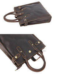 Vintage Dark Tan Mens Leather Vertical Briefcase Work Handbag Tote Brown 13'' Computer Briefcases For Men - iwalletsmen
