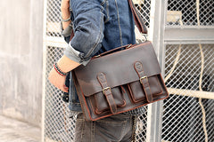 Vintage Dark Brown Mens Leather Briefcase Work Handbag Dark Coffee 14'' Computer Briefcase For Men - iwalletsmen