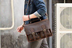 Vintage Dark Brown Mens Leather Briefcase Work Handbag Dark Coffee 14'' Computer Briefcase For Men - iwalletsmen