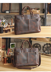 Vintage Dark Brown Mens Leather Briefcase Work Handbags Brown 14'' Computer Briefcase For Men - iwalletsmen