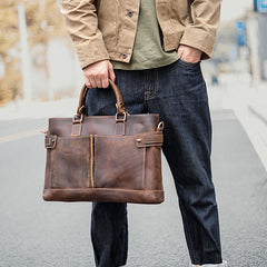 Vintage Dark Brown Mens Leather Briefcase Work Handbags Brown 14'' Computer Briefcase For Men - iwalletsmen