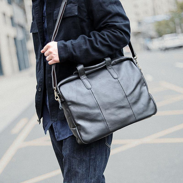 Vintage Coffee Mens Leather Briefcase Work Handbag Black 14'' Laptop Briefcases For Men - iwalletsmen