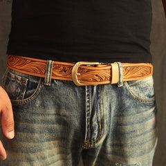 Handmade Vintage Yellow Brown Floral Tooled Leather Mens Belt Carved Leather Belt for Men - iwalletsmen