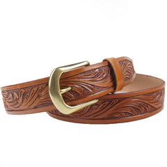 Handmade Vintage Yellow Brown Floral Tooled Leather Mens Belt Carved Leather Belt for Men - iwalletsmen