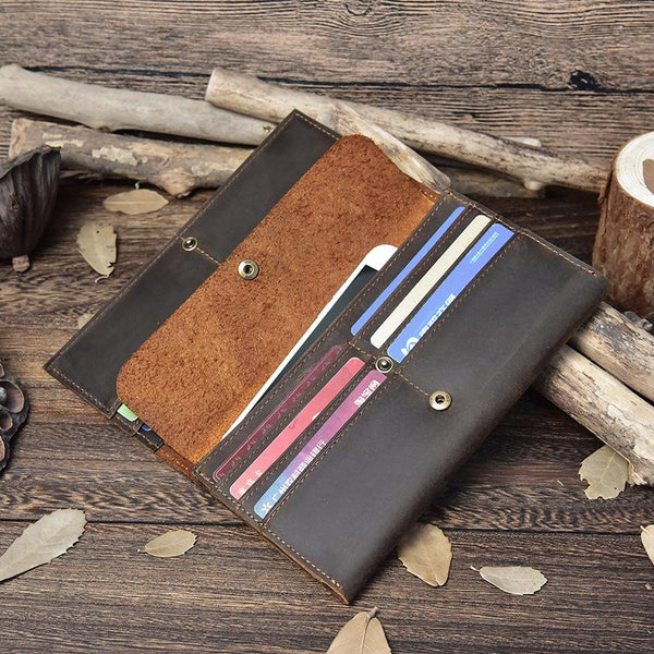 Vintage Leather Mens Long Wallet Bifold Coffee Long Wallet for Men - iwalletsmen