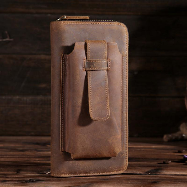Vintage Leather Mens Long Wallet Bifold Zipper Cool Clutch Wallet for Men - iwalletsmen