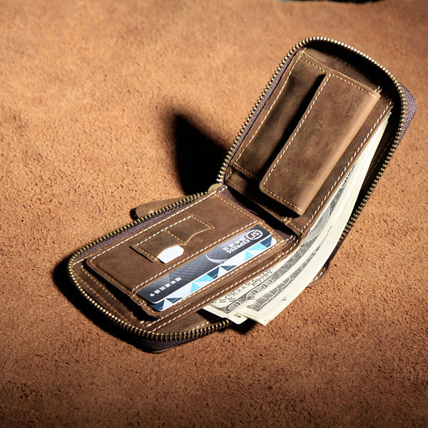 Vintage Leather Men Small Zipper Wallet Bifold Wallet for Men - iwalletsmen