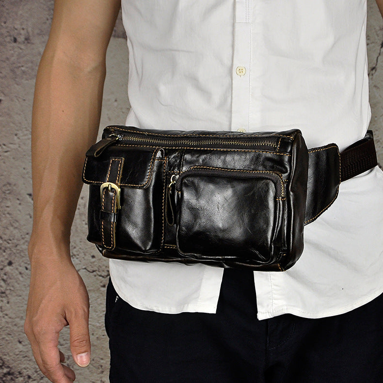 Vintage Black Leather Mens Fanny Pack Hip Belt Bags Waist Bag Hip Bag