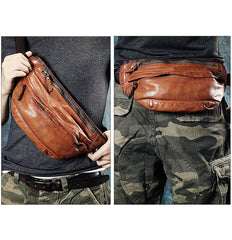 chest bag leather​ Brown Leather Fanny Pack Crossbody Chest Bag Mens Leather Waist Bag Hip Pack Belt Bag for Men 
