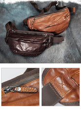 mens cross the chest bags​ Brown Leather Fanny Pack Crossbody Chest Bag Mens Leather Waist Bag Hip Pack Belt Bag for Men 
