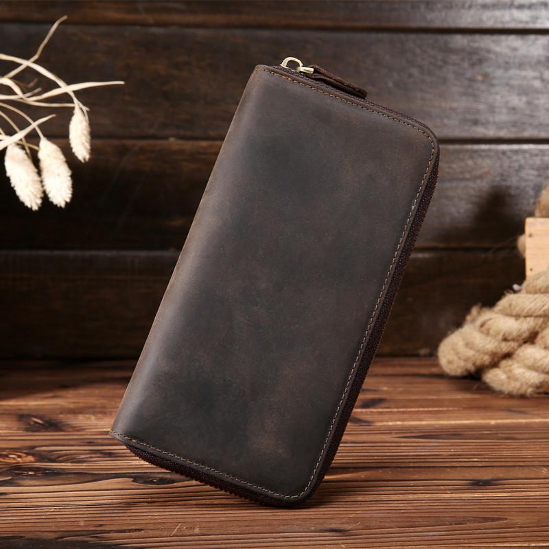 Handmade vintage long wallet leather mens zipper clutch wallet for men