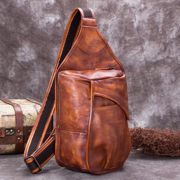 Vintage Leather Mens Sling Bag Crossbody Bag Chest Bag for men