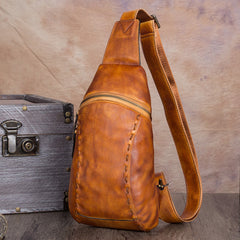 Vintage Leather Mens Sling Bag Crossbody Bag Chest Bag for men