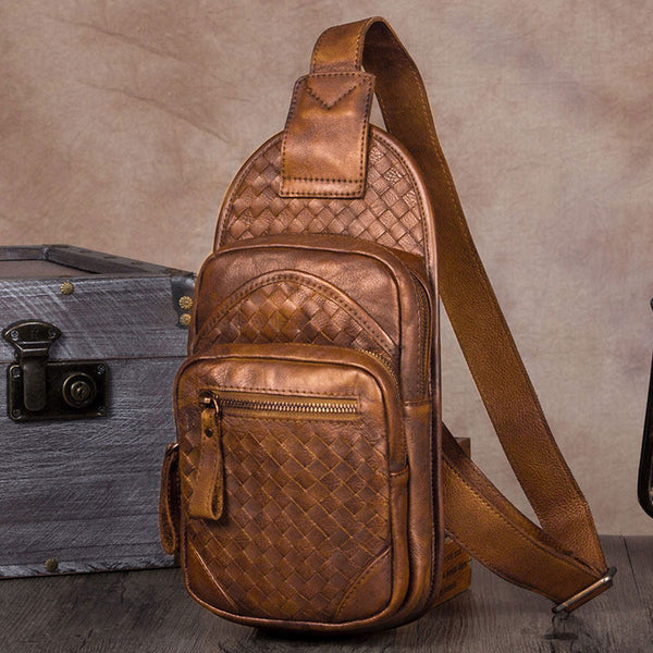Vintage Leather Mens Sling Bag Crossbody Bag Chest Bag for men