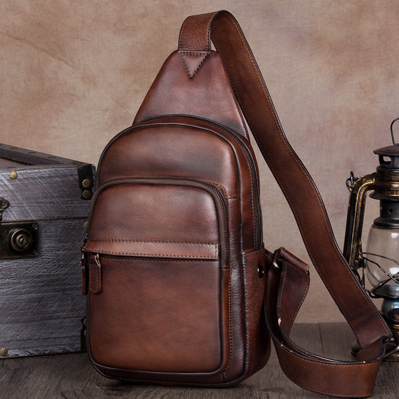 Vintage Leather Mens Sling Bag Crossbody Bag Chest Bag for men