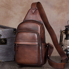 Vintage Leather Mens Sling Bag Crossbody Bag Chest Bag for men