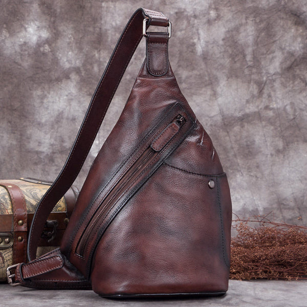 Vintage Leather Mens Sling Bag Crossbody Bag Chest Bag for men