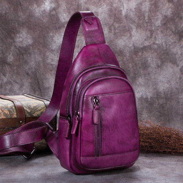 best sling bags for women Vintage Leather Sling Bag for Women Dark Purple Leather Sling Backpack for Men Sling Travel Bag 