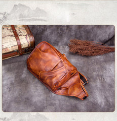 Vintage Leather Mens Sling Bag Crossbody Bag Chest Bag for men
