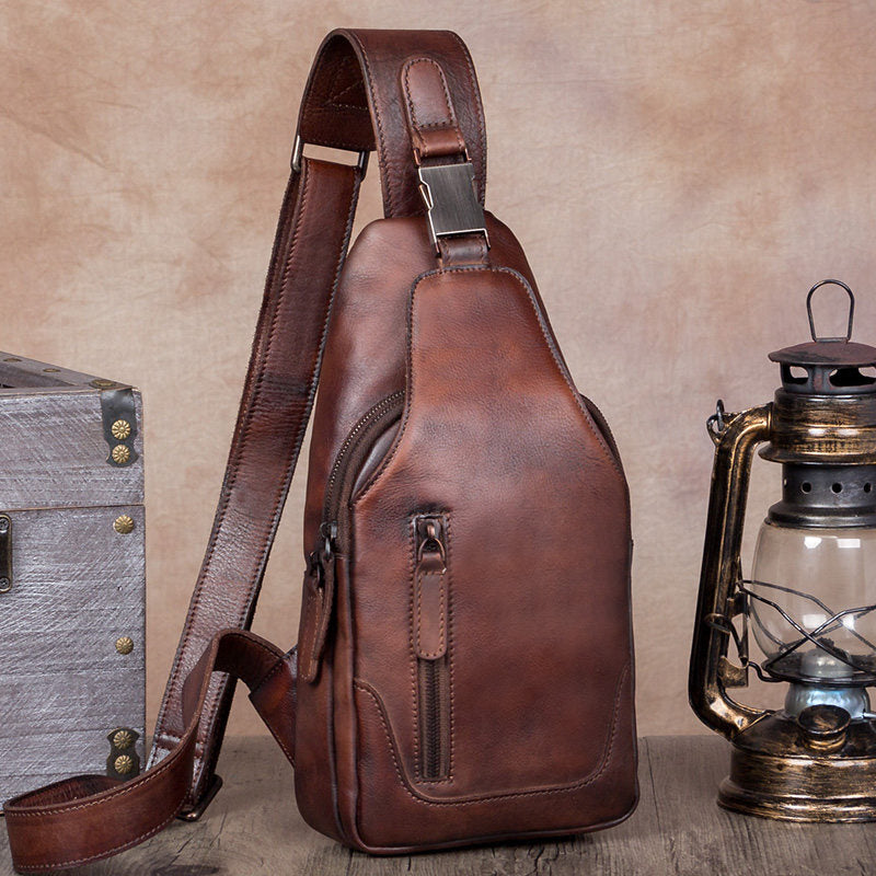 Vintage PU Leather CrossBody Sling Bag,Men Chest Shoulder Pack Casual  Backpack with USB Charging Port & Headphone Hole