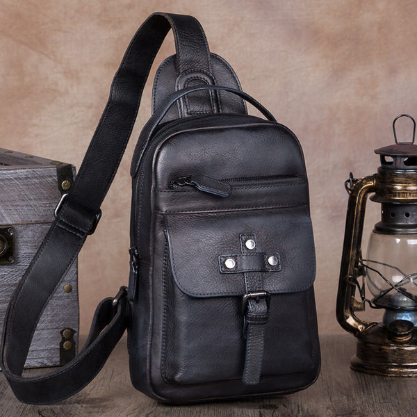 Vintage Leather Mens Sling Bag Crossbody Bag Chest Bag for men