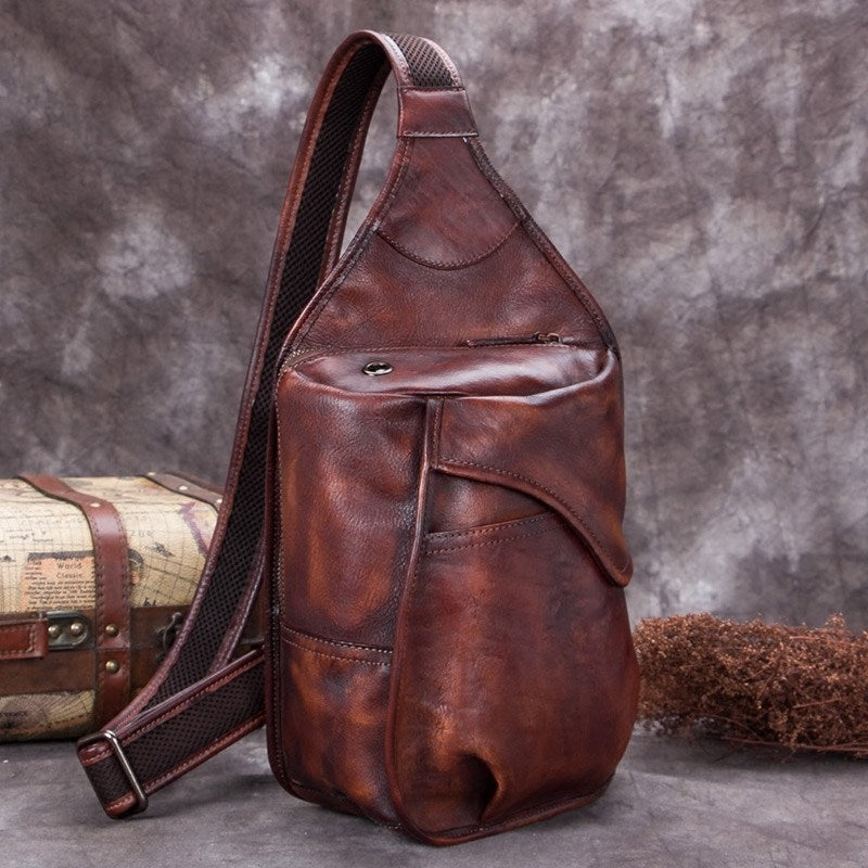 Vintage Leather Mens Sling Bag Crossbody Bag Chest Bag for men