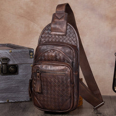Vintage Leather Mens Sling Bag Crossbody Bag Chest Bag for men